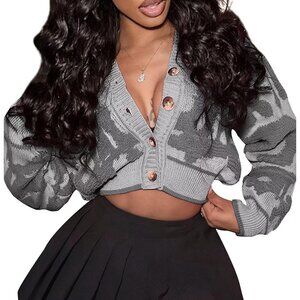 Women's Fashion Button Down Cardigan Sweaters Fall Slim Crop Knit Typed-Gray